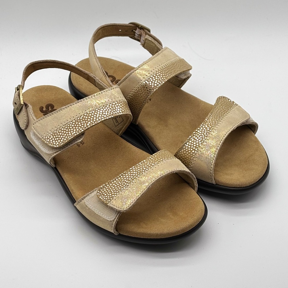 SAS Nudu Golden Sandals Heel Strap Adjustable 6.5 Medium Golden Metallic Comfort
